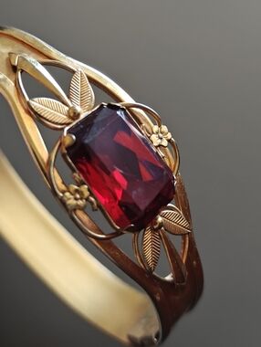 Vintage Art Deco Faux Ruby Gold Filled Hinged Cuff Bracelet